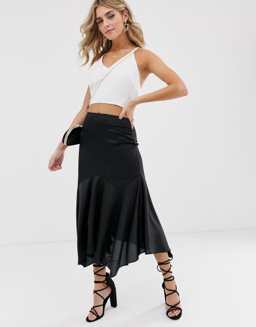 ASOS DESIGN satin midi skirt with drop waist and floaty hem | ASOS