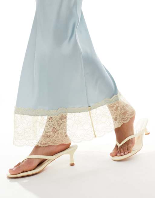 ASOS DESIGN satin midi skirt with lace hem in blue - part of a set