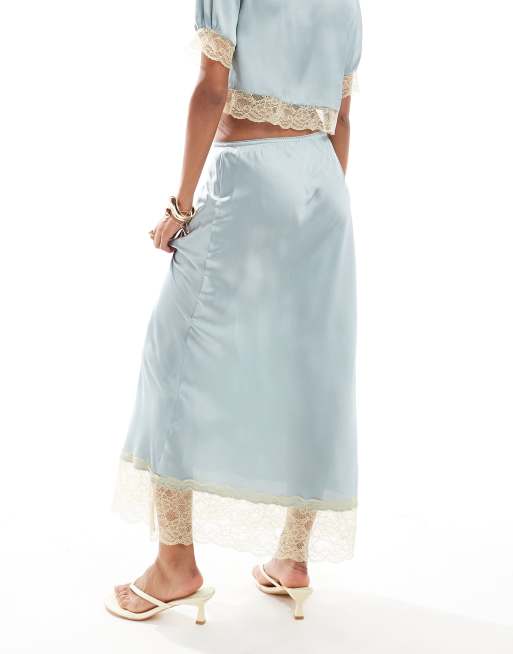 ASOS DESIGN satin midi skirt with lace hem in blue - part of a set