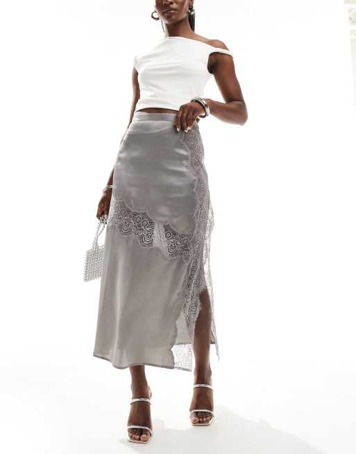 ASOS DESIGN satin midi skirt with lace inserts in silver