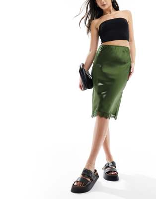 satin midi skirt with lace trim in khaki-Green