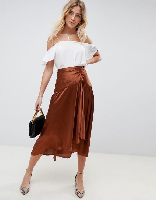 ASOS DESIGN satin midi skirt with self buttons