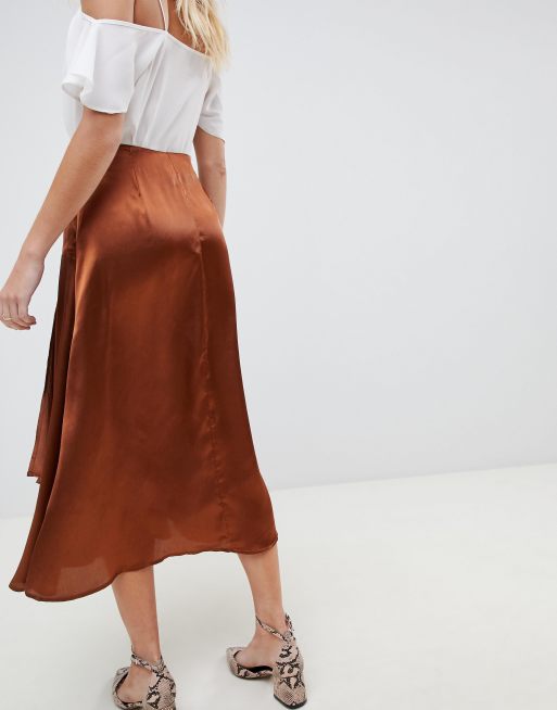 ASOS DESIGN satin midi skirt with self buttons