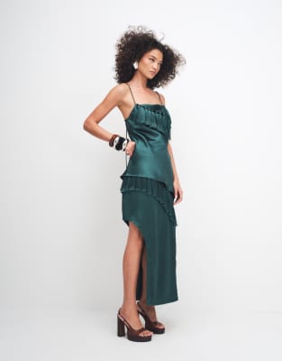 Asos Design Satin Midi Skirt With Tassel Detail In Green