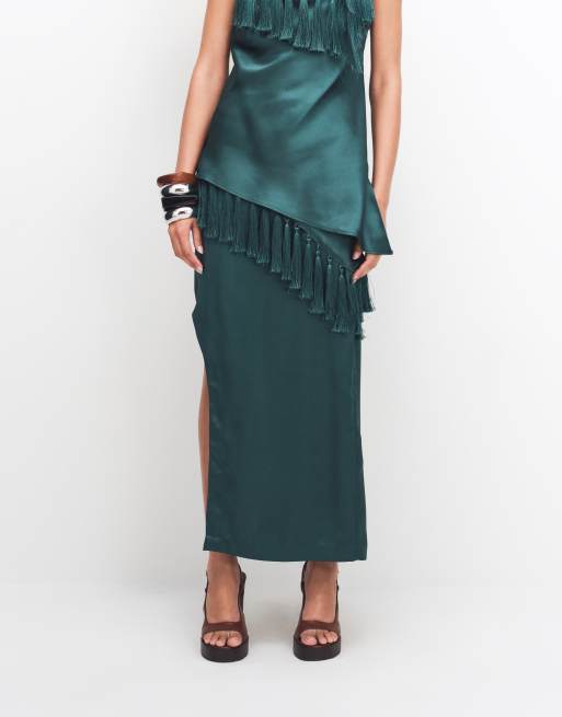 ASOS DESIGN satin midi skirt with tassel detail in dark green, 2 of 9