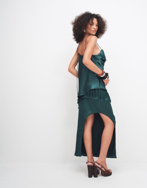 ASOS DESIGN satin midi skirt with tassel detail in dark green, 3 of 9