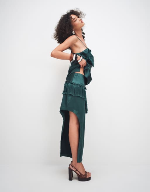 ASOS DESIGN satin midi skirt with tassel detail in dark green, 4 of 9