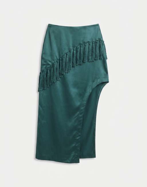 ASOS DESIGN satin midi skirt with tassel detail in dark green, 7 of 9