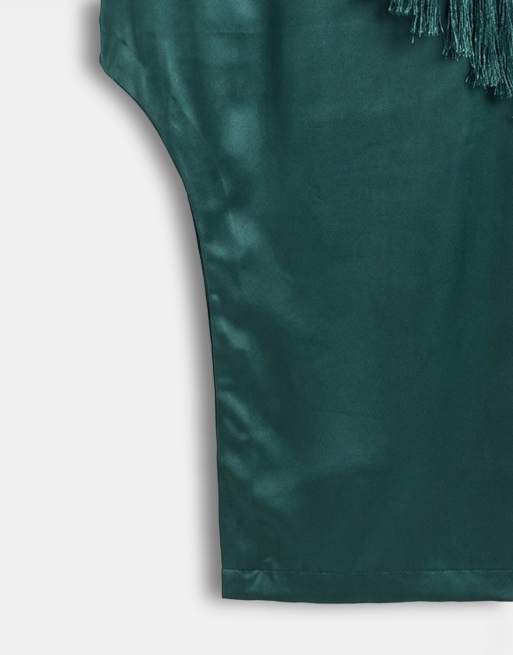 ASOS DESIGN satin midi skirt with tassel detail in dark green, 8 of 9