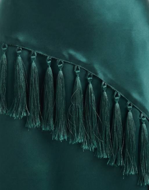 ASOS DESIGN satin midi skirt with tassel detail in dark green, 9 of 9
