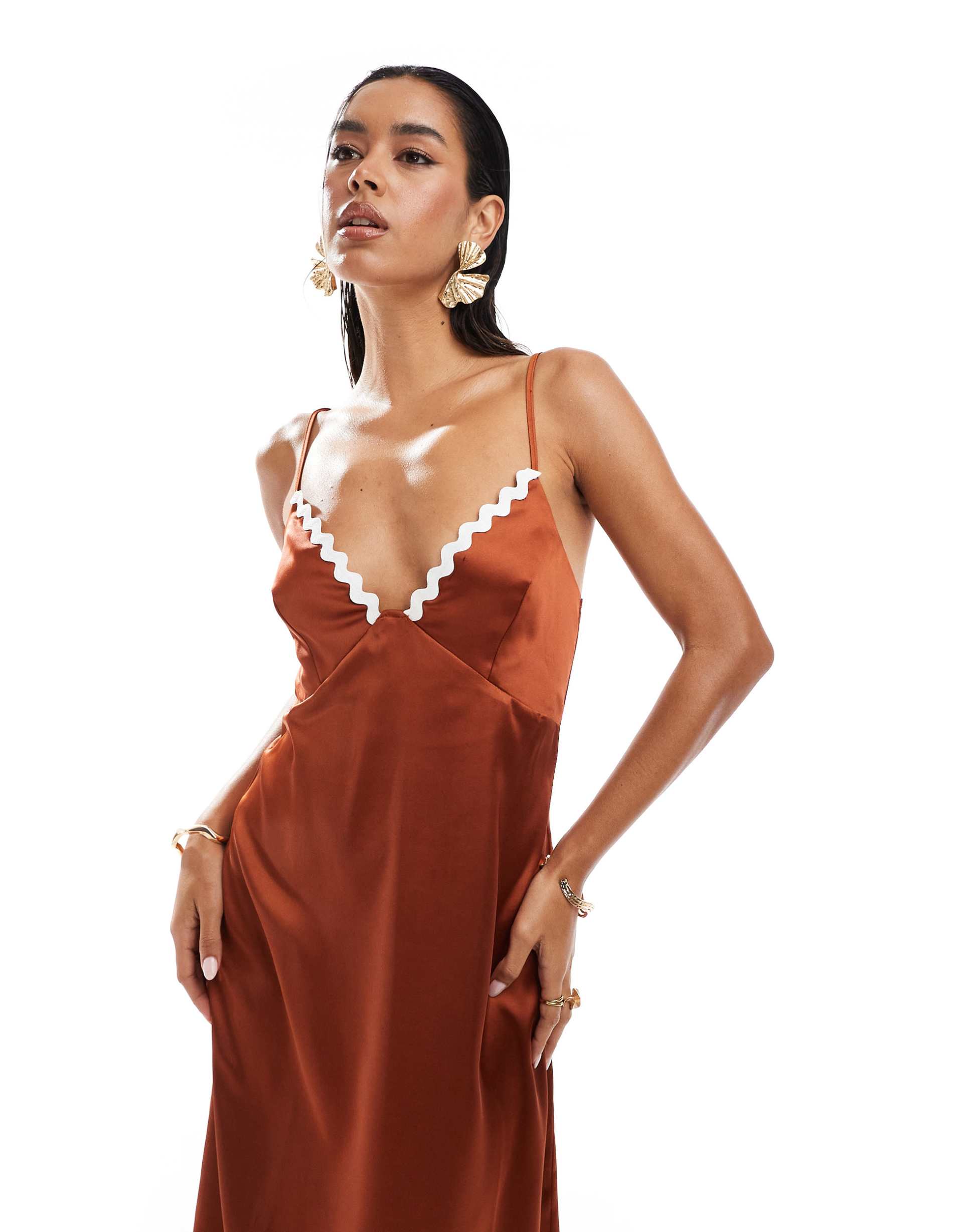 asos design satin midi slip dress with contrast rik rak trim in rust