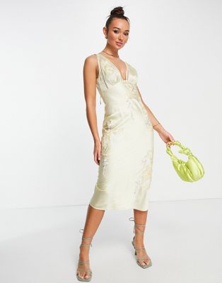 ASOS DESIGN satin midi slip dress with floral applique and lace trims in lemon | ASOS