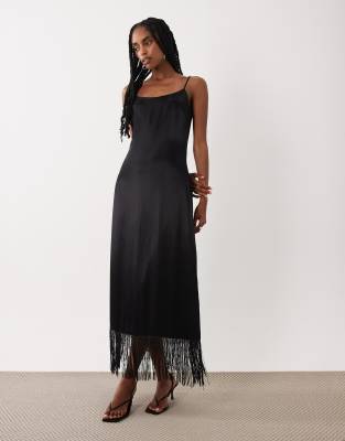 Asos Design Satin Midi Slip Dress With Fringe Detail In Black