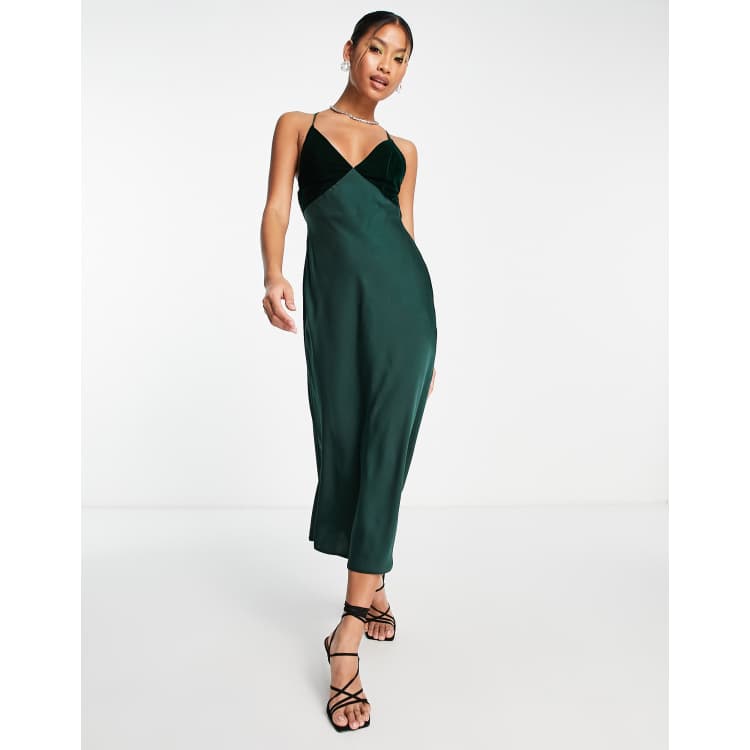 ASOS DESIGN satin midi slip dress with velvet bodice detail in forest green