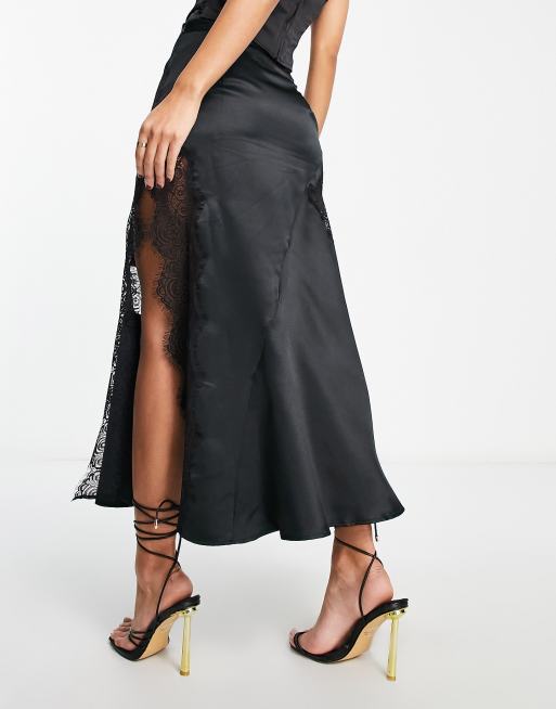 ASOS DESIGN satin midi slip skirt with lace inserts in black