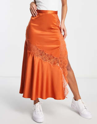 ASOS DESIGN satin midi slip skirt with lace inserts in orange ASOS