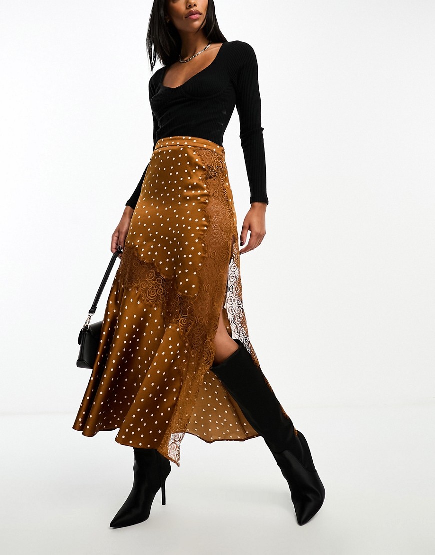 ASOS DESIGN satin midi slip skirt with lace inserts in rust polka dot-Brown