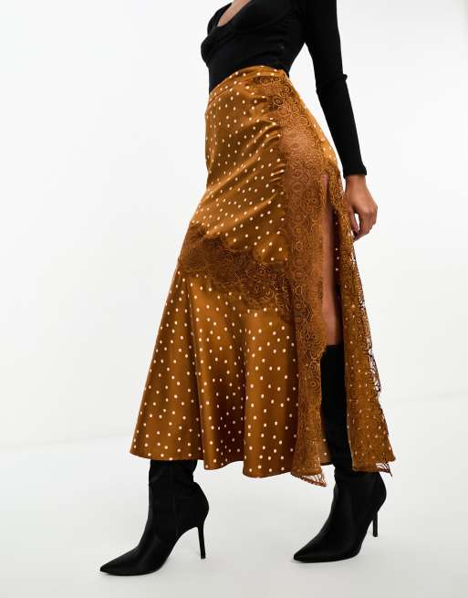 ASOS DESIGN satin midi slip skirt with lace inserts in rust polka dot