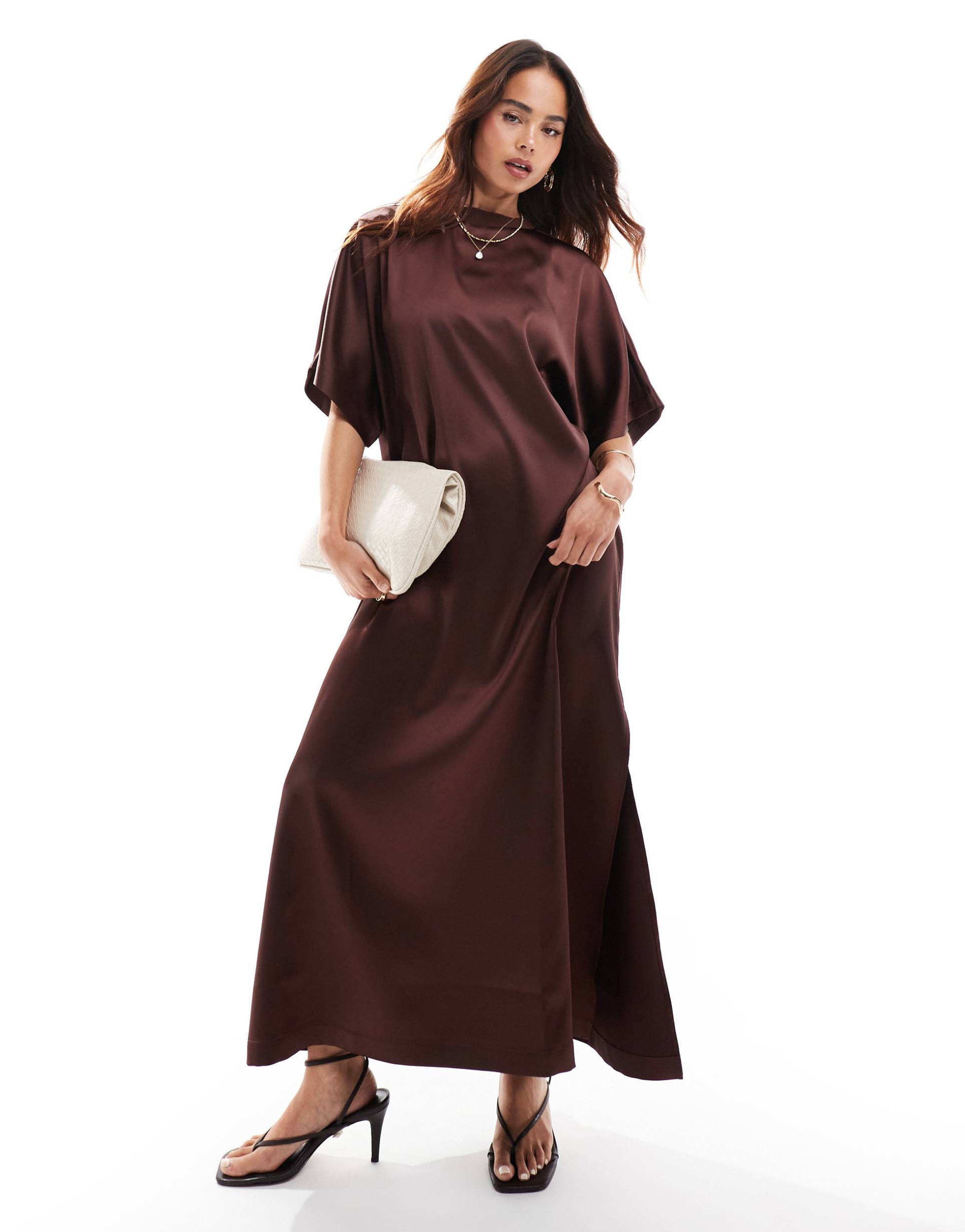 asos design satin midi t-shirt dress in chocolate