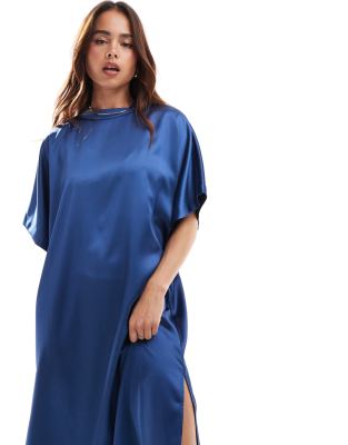 ASOS DESIGN satin midi T-shirt dress in denim blue | ASOS