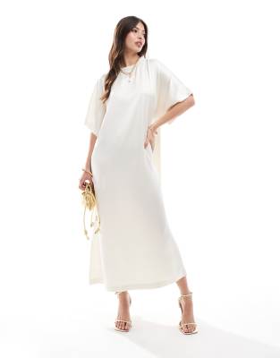 ASOS DESIGN satin midi t shirt dress in ivory-White