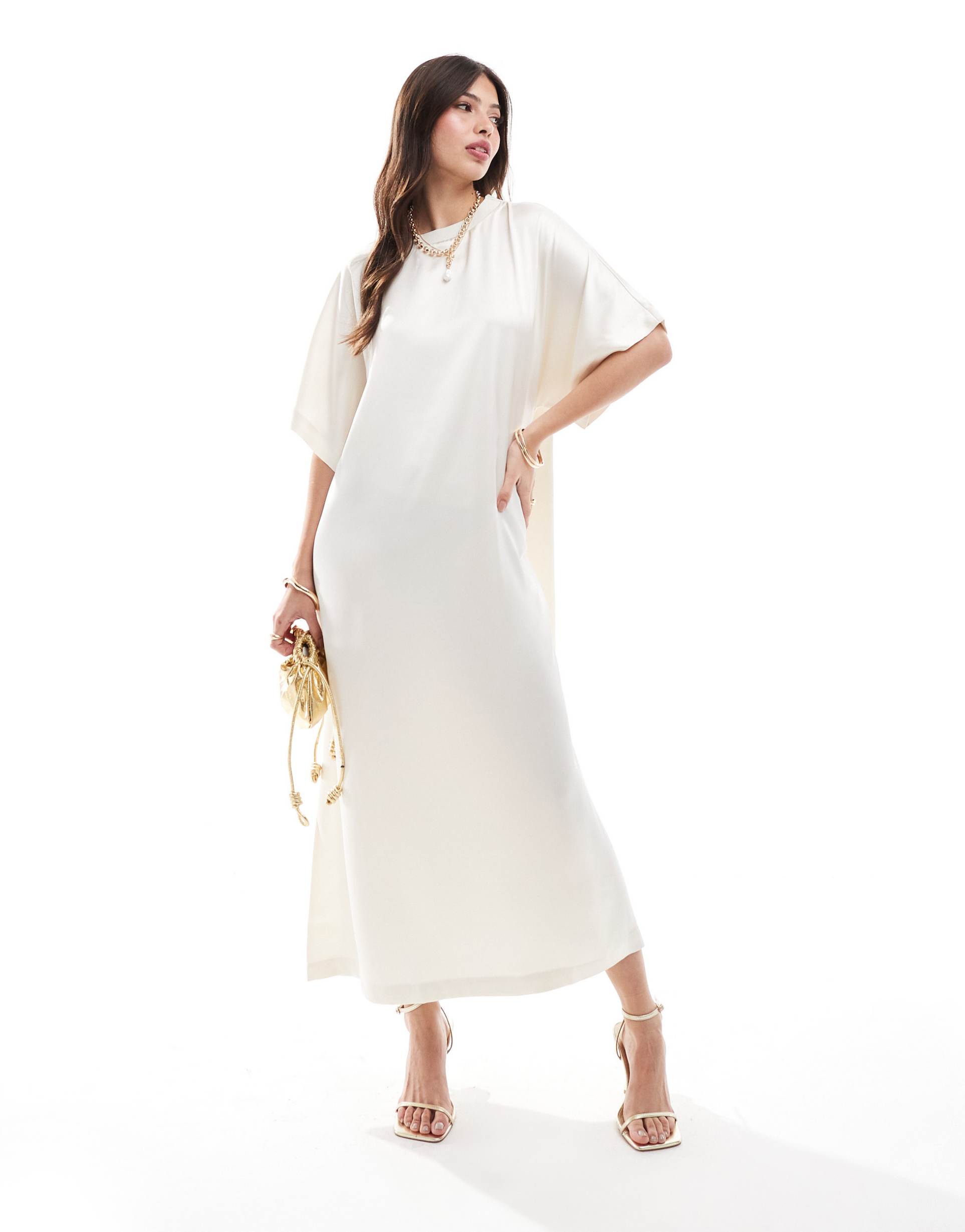 asos design satin midi t shirt dress in ivory