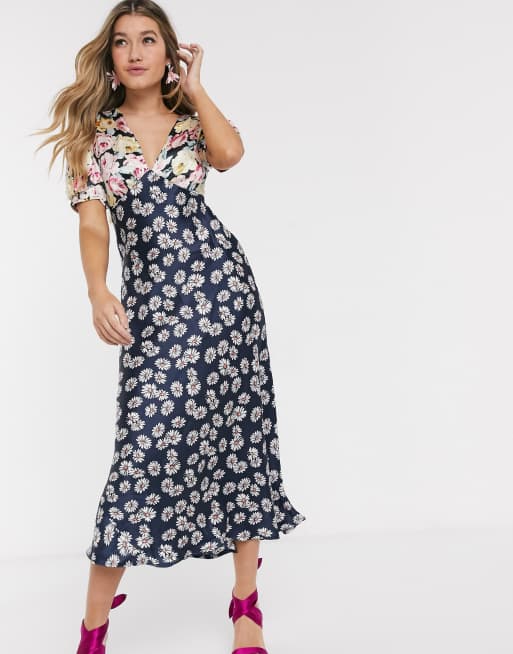 ASOS DESIGN satin midi tea dress in mixed floral | ASOS