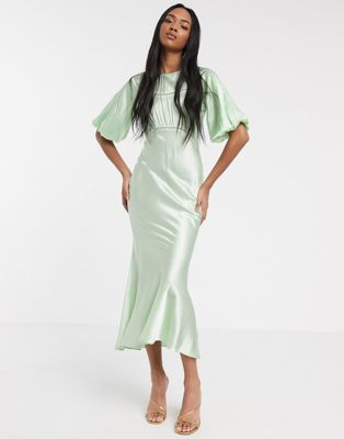 ASOS DESIGN satin midi tea dress with lace inserts in green | ASOS