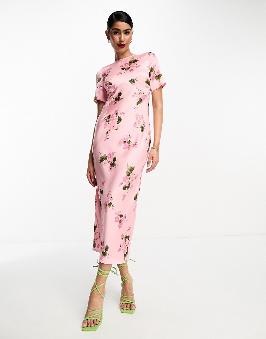 ASOS DESIGN satin midi tea dress with lace up back detail in spaced rose floral-Multi