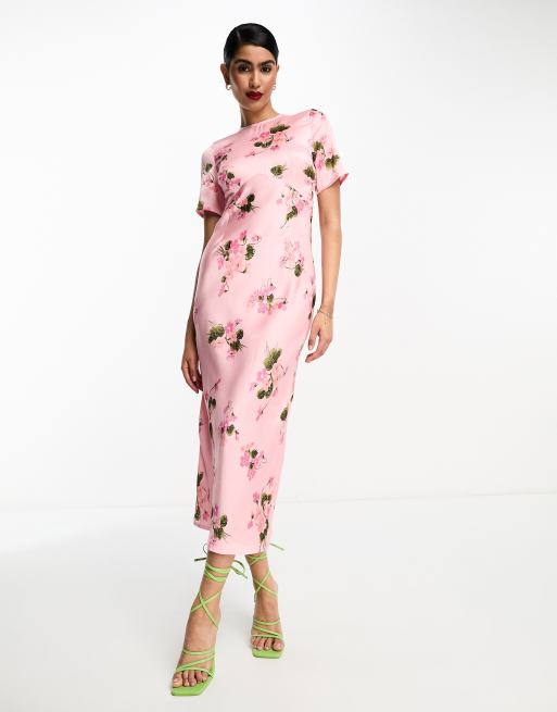 FhyzicsShops DESIGN satin midi tea dress with lace up back detail  in spaced rose floral