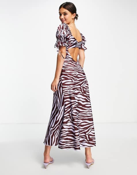 ASOS DESIGN satin midi tea dress with tie front in wine zebra print