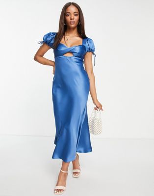 ASOS DESIGN satin midi tea dress with twist front in blue