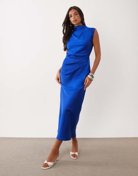 ASOS DESIGN satin midiklänning med hög krage och plisserad överdel i koboltblått - view 1