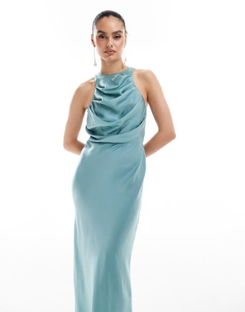 ASOS DESIGN – Satin-Midikleid in Blau mit drapiertem Oberteil - view 1