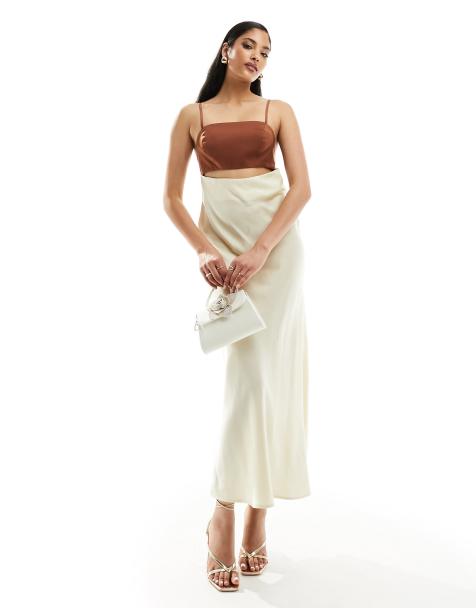 ASOS DESIGN – Satin-Midikleid in Champagner mit Blockfarbendesign und schokobraunem Oberteil - view 1