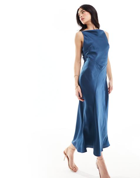 ASOS DESIGN – Satin-Midikleid in Dunkelblau mit eckigem Ausschnitt und Wasserfalldetail auf der Rückseite - view 1