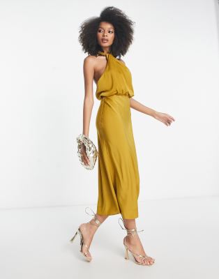 ASOS DESIGN - Satin-Midikleid in Gold mit überkreuztem Neckholder-Träger-Goldfarben