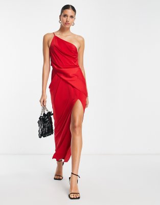 ASOS DESIGN - Satin-Midikleid in Rot mit One-Shoulder-Riemchenträger und Schlitz