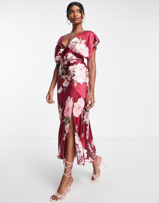 ASOS DESIGN - Satin-Midikleid mit Fledermausärmeln, Schlitz und rosa Vintage-Blumenmuster-Bunt