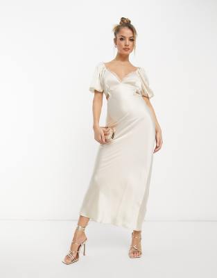 ASOS DESIGN satin milkmaid lace trim midaxi dress with strappy back in stone