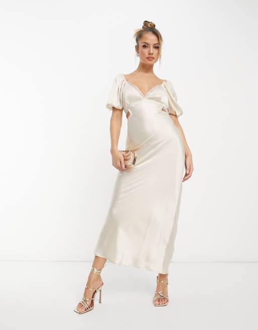 White Lace Cowl Neck Lace Up Back Midi Dress