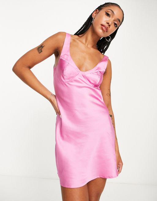 ASOS Design Satin Bandeau Bow Mini Dress in Hot Pink
