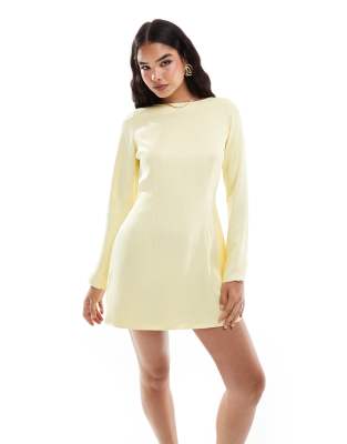 ASOS DESIGN satin mini dress with angel sleeves in buttermilk-Yellow