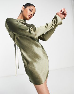 Asos Design Satin Mini Dress With Back Strap Tie Detailing In Green