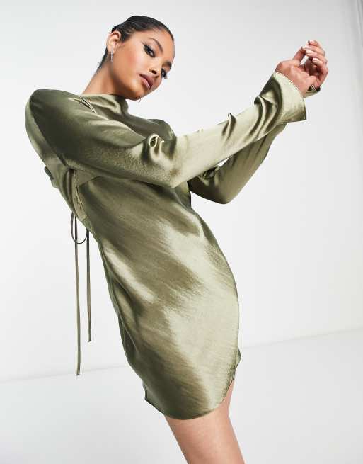 ASOS DESIGN satin mini dress with back strap tie detailing in green