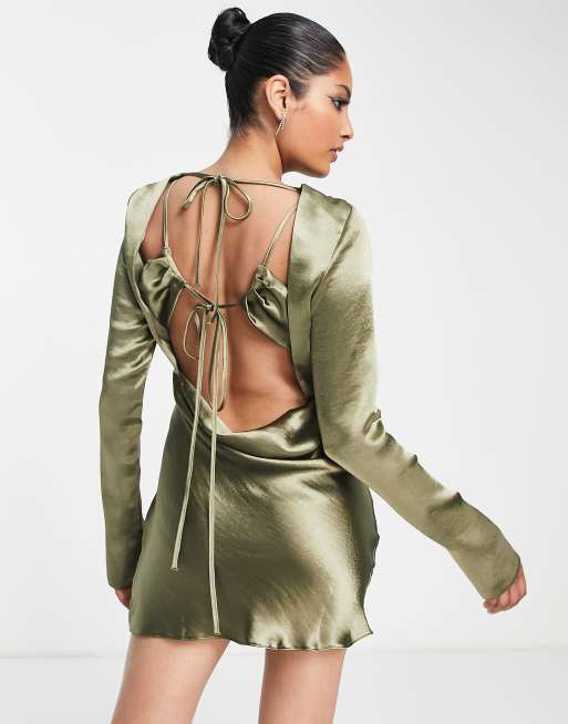 ASOS DESIGN satin mini dress with back strap tie detailing in green