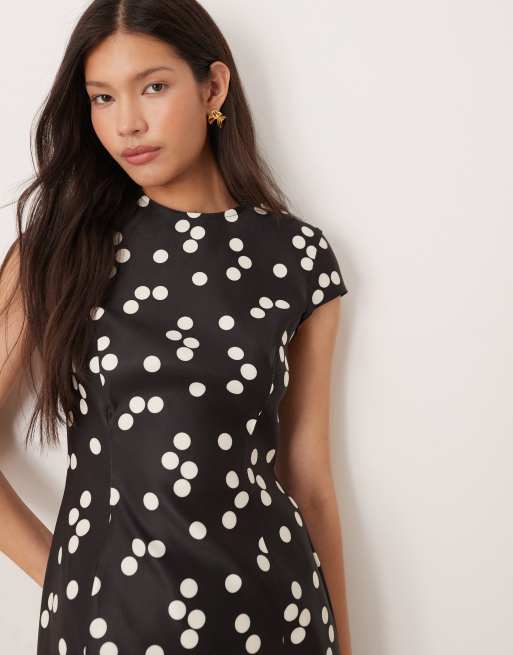 ASOS DESIGN satin mini dress with cap sleeve in black and white polka dot, 3 of 4