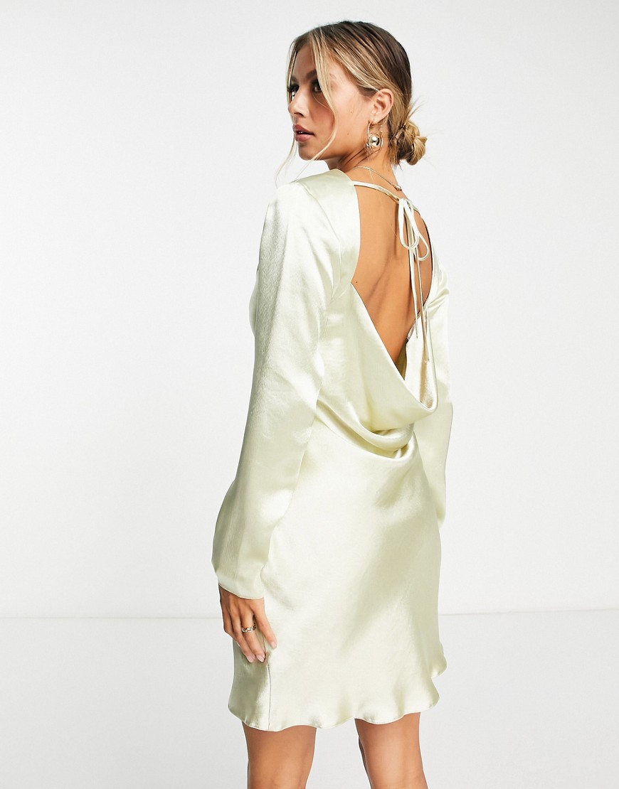ASOS DESIGN satin mini dress with cowl neck and backless detail in oyster-White