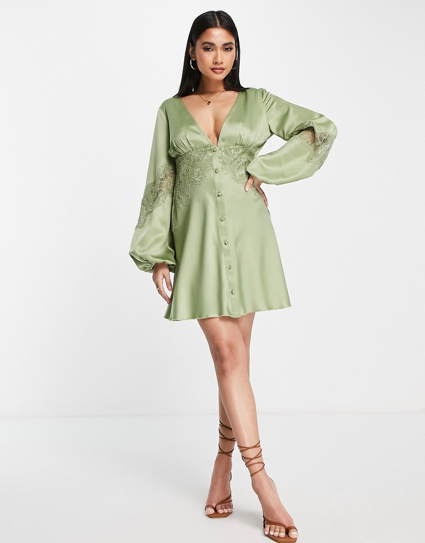ASOS DESIGN satin mini dress with delicate lace detail in khaki-Green