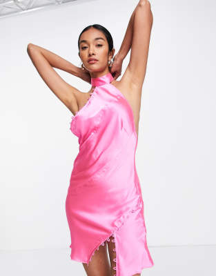 Asos Design Satin Mini Dress With Rouleaux Loop Detail In Bright Pink